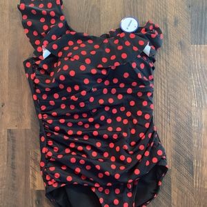 NWT Black/Red One Shoulder Ruched Swimsuit, sz 12